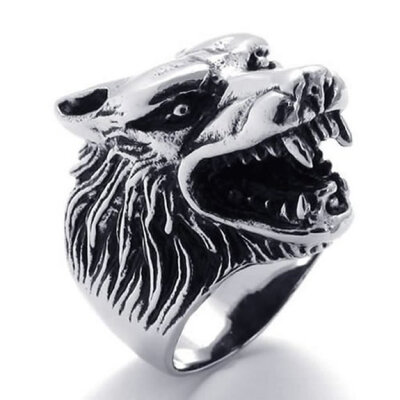 

Hpolw Stainless Steel High quality Punk Vintage animal Wolf head rings Rock gothic Finger Ring Fashion bijouterie Men's Ring