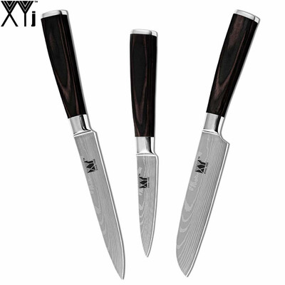 

Top Selling XYj Brand 7Cr17 Stainless Steel Knife 35" Paring 5" Utility Santoku Kitchen Knife Bend Color Wood Handle Knife Set