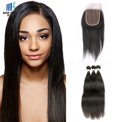 

nature color vigin Brazilian human hair silky straight hair bundle with 44 lace closure