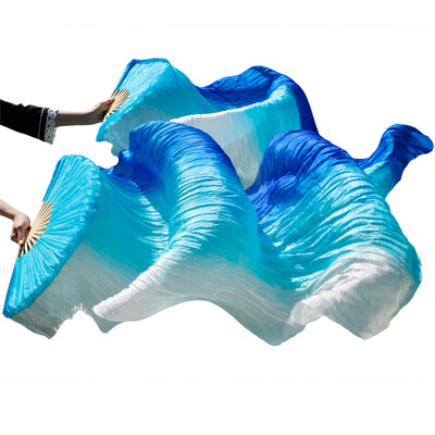 

1 Pair Dance Fans Bamboo Ribs Natural Silk Stage Performance Props Dye Fan Belly Dance Silk Fan Royal BlueTurquoiseWhite stripes