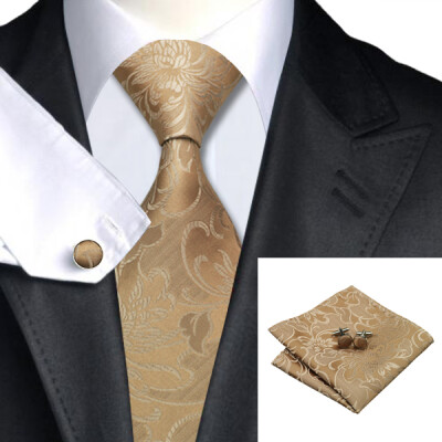 

N-0309 Vogue Men Silk Tie Set Brown Floral Necktie Handkerchief Cufflinks Set Ties For Men Formal Wedding Business wholesale