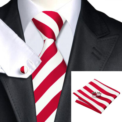 

N-0242 Vogue Men Silk Tie Set Red White Stripe Necktie Handkerchief Cufflinks Set Ties For Men Formal Wedding Business wholesa