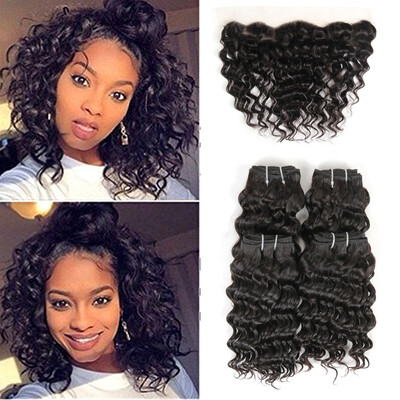 

Fine Plus Brazilian Deep Wave Virgin Human Hair 4 Bundles 8 Inch Short Hair Weave with 13x4 Free Part Top Lace Frontal Closure
