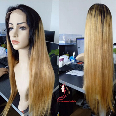 

Dark roots ombre brazilian hair lace front wig 1b/27 silky straight Human Hair Wigs With Baby Hair