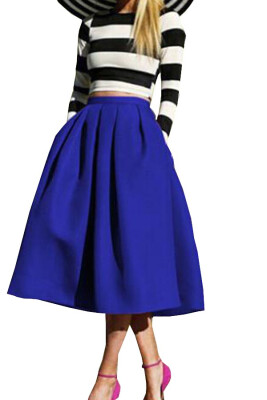 

Lovaru ™2015 new Fashion Clothes Womens European Brands skirt solid Blue Flare Pleated Spring Latest Vintage A Line Midi Skirt