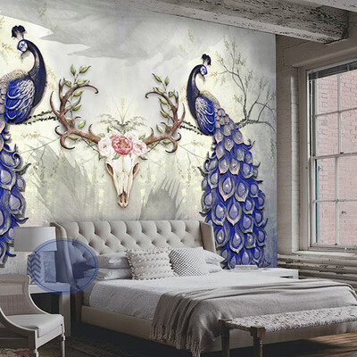 

Blue Peacock Auspicious Deer Hand Painted Wall Painting Creative Chinese Style Living Room TV Background Wall Mural Wallpaper 3D