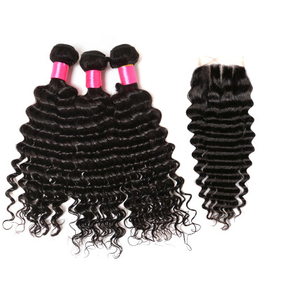 

Malaysian Deep Wave Closure In Human Hair 3 Malaysian Bundles With Closure Human Hair Bundles Deep Wave Lace Closure Free Shipping