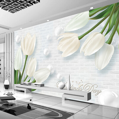 

Custom Photo Wallpaper Modern 3D Stereoscopic Relief White Pearl Tulip Living Room TV Background Brick Wall Painting Home Decor