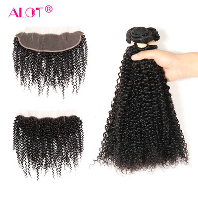 

ALot Hair Ear To Ear Lace Frontal Closure With 3 Bundles Malaysian Virgin Kinky Curly Human hair Weaves With Closures 4Pcs Lot