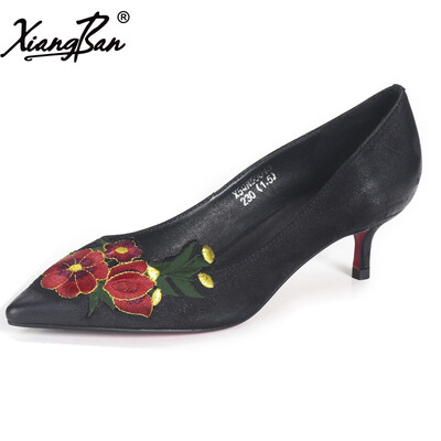 

Xiangban Female Pumps Mid Heels Chinese Style Embroidery Women Shoes Genuine Leather