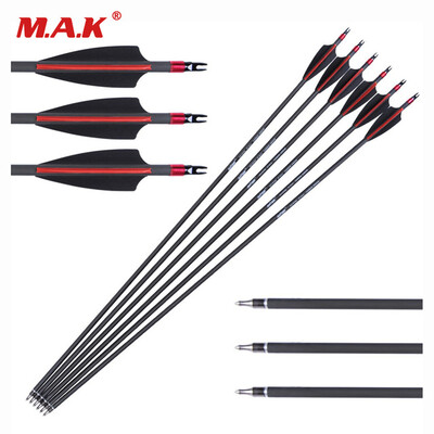 

6 pcs Carbon Arrow Length 30 Inches Spine 340 Diameter 76mm 2 Black 1 Red Feather for Recurve CompoundBow Archery Hunting