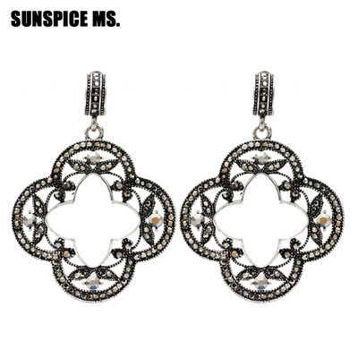 

Trendy Bohemia Ethnic Hollow Flower Rhinestone Dangle Earrings Jewelry Antique Gold Color Crystal Drop Earring Turkish Bijoux