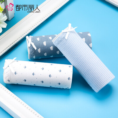

Urban beauty cotton ladies underwear cute print sweet low waist briefs 3 strips BK7A07 blue&white stripes regardless of color code