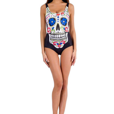 

Vanker Women Siamese Bathing Bikini One-Piece Underwear Sexy Swimwear Swimsuit - Colorful Skull Head