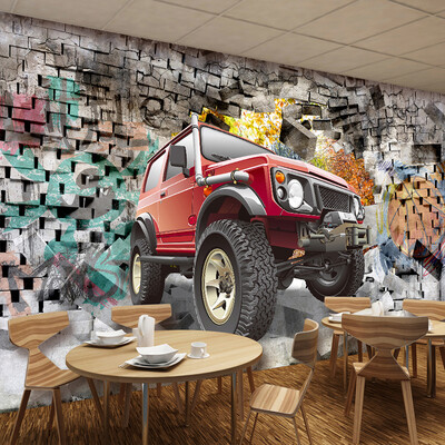 

Custom Photo Wallpaper 3D Stereoscopic Car Broken Wall Retro Nostalgia Graffiti Art Bar Restaurant Backdrop Wall Mural Paintings