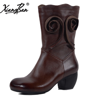 

Xiangban Handmade Women boots Mid-calf Natural Leather Female Shoes Genuine Leather Spring Autumn Winter