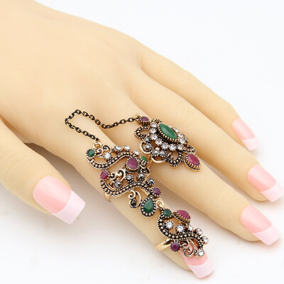

Vintage Flower Turkish Rings Adjustable Size Women Colorful Resin Antique Gold Jewelry Link Two Fingers Ring Festival Anillos