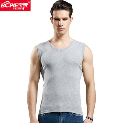 

Bao Pai BOPIE mens vest mens cotton wide shoulder fitness sports vest Slim bottoming shirt 8019 hemp gray V-neck  185110