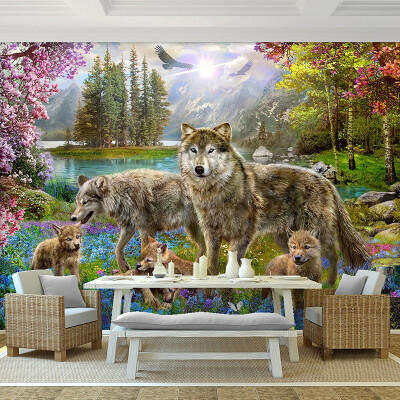 

Custom 3D Wall Mural Wallpaper Forest Red Peach Blossom Gray Wolf Animal Children Wallpaper Kids Room Decor Papier Peint Enfant