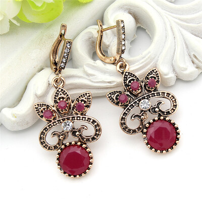 

Vintage Turkish Women Resin Flower Earrings Hollow Arabesque Clover Hook Earring Antique Gold Color India Muslim Bride Jewelry