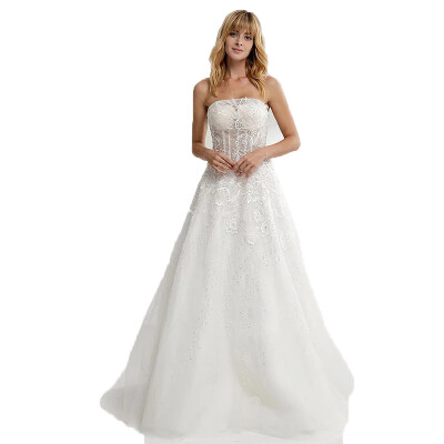 

Strapless Simple Lace White Lace Up Sweep Train A Line Bridal Wedding Dress