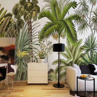 

3D Wall Mural Wallpaper Tropical Plant Green Coconut Trees Woodpecker Backdrop Wall Paper Restaurant Living Room Papel De Parede