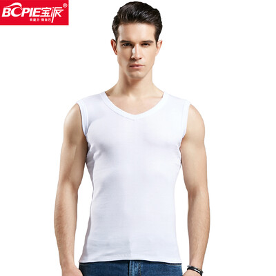 

Bao Pai BOPIE mens vest mens cotton wide shoulder fitness vest Slim bottoming shirt 8019 white V-neck  16590