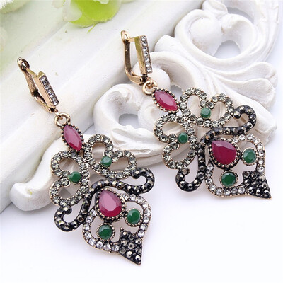 

Ethnic Turkish Women Flower Resin Long Drop Hook Earring Antique Mellow Hollow Retro Arab India Bridal Banquet Vintage Jewelry