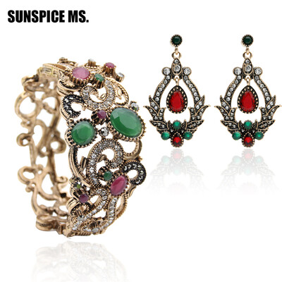 

New&Hot Indian Vintage Bangle Earrings Antique Resin Women Bracelet Cuff Long Dangle Earring Turkish Bridal Flower Jewelry Sets