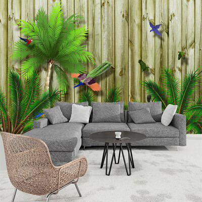 

Custom Large Wall Painting Tropical Bird Forest Southeast Asia 3D Wood Board Wood Grain Wall Mural Wallpaper Living Room Sofa