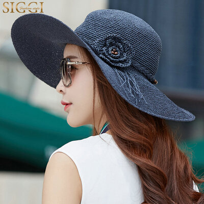 

Siggi CM89035 hat female summer Korean version of the tide small fresh holiday big straw hat folding sunshade beach hat navy 57CM