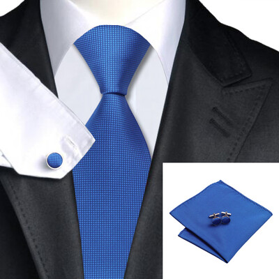 

N-0429 Vogue Men Silk Tie Set Blue Solid Necktie Handkerchief Cufflinks Set Ties For Men Formal Wedding Business wholesale