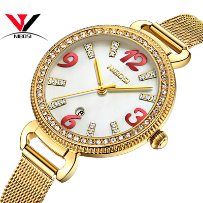 

NIBOSI Women Watches Fashion Lady Watch Luxury Brand Quartz Wristwatch Gold Waterproof Crystal Dress Mesh Strap Relogio Feminino