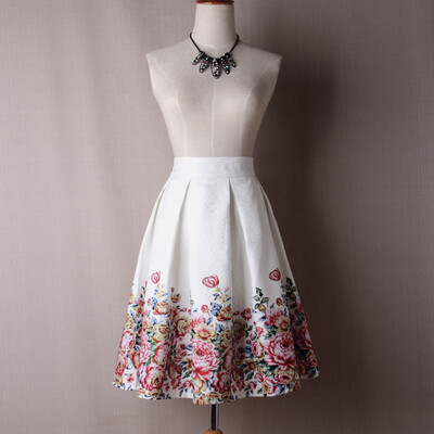 

BACHASH 2018 Summer Women Skirt Vintage Peach Blossom Floral Print High Waist Ball Gown Pleated Midi Skater Skirts Saias