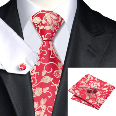 

N-1132 Vogue Men Silk Tie Set Red Floral Necktie Handkerchief Cufflinks Set Ties For Men Formal Wedding Business wholesale