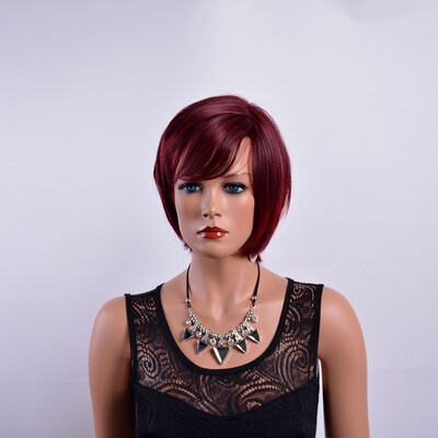 

QianBaiHui Wine Red Short Pixie Cut Synthetic Wigs For Black Women With Side Bangs Natural Straight Heat Resistant Party Full Wig