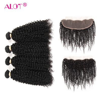 

Alot Frontal Closure with Bundles 13X4 с детскими волосами Предварительно выщипаны перуанские кудрявые кудрявые человеческие волосы бесплатно Part Remy Hair