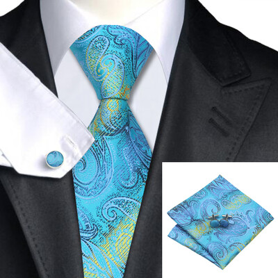 

N-0461 Vogue Men Silk Tie Set Blue Paisley Necktie Handkerchief Cufflinks Set Ties For Men Formal Wedding Business wholesale