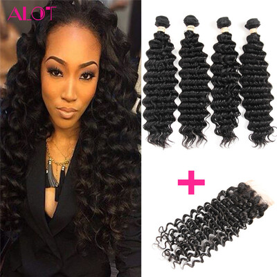 

Alot Малайзийский bunlde с закрытием Глубокая волна 4 + 1 Virgin Human Hair 4 Связки с закрытием Nurtal Hair