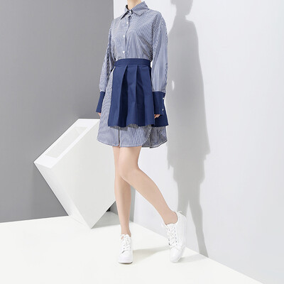 

Quzihua 2018 New Spring Striped Dress With Asymmetric Length Two-Piece Full Sleeve