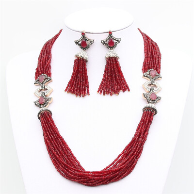 

Exquisite African Beads Jewelry Set Nigeria Wine Beads Bridal Jewelry Sets Resin Bead Earring Rhinestone Necklace Antique Bijoux