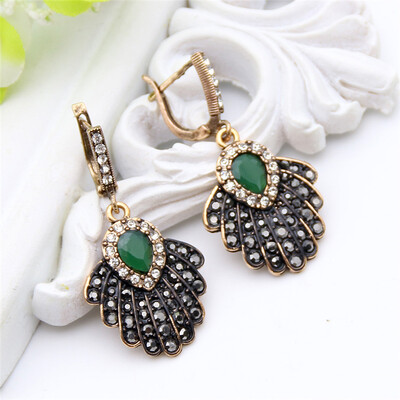

Vintage Turkish Women Palm Leaf Resin Hook Earring Necklace Jewelry Sets Antique Gold Color Arabesque Bride Pendant Necklace
