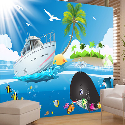 

Пользовательские обои для картины на стенах Мультфильм Blue Sky Sea Fish Boat Фотография Mural Обои для детской комнаты Спальня Стены Mural De Parede