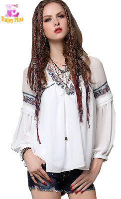 

M L High Quality chest 82-88cm chiffon vintage new summer 2018 white long sleeve women blouse shirt v neck embroidery fashion