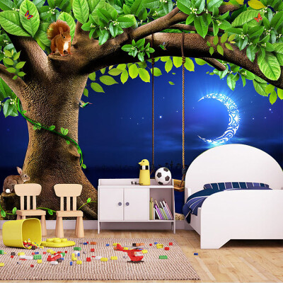 

Custom 3D Stereo Cartoon Mural Обои Green Tree Moon Пейзаж Fresco Kid's Bedroom Eco-Friendly Нетканые обои для 3 D