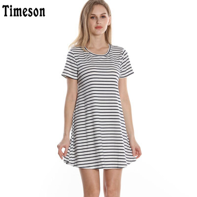 

Timeson New Summer Dresses Short Sleeve Knitted Split T Shirt Dress Big Hem Female Casual Stretch Mini Dresses Black White Tunic