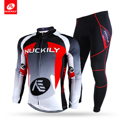 

NUCKILY Winter Cycling Set Mens Polyester Mid-weight Thermal Fleece Cycle Jersey With Foam Pad Tights Set