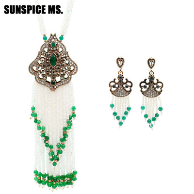 

New Turkish Women Seed Bead Long Necklace Dangle Earring Jewelry Sets Antique GoldColor Resin Flower India Bohemia Ethnic Bijoux