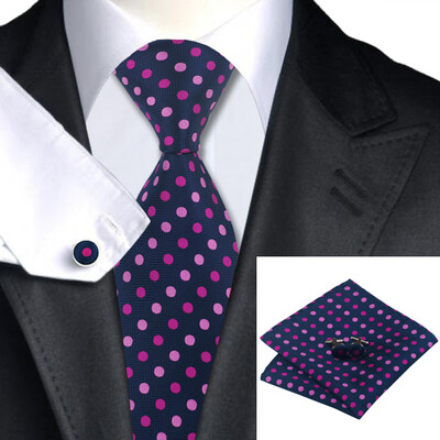 

N-0799 Vogue Men Silk Tie Set Pink Polka Dots Necktie Handkerchief Cufflinks Set Ties For Men Formal Wedding Business wholesale