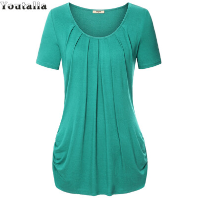 

Summer Style Tops Short Sleeve O-neck Knitted Women T-Shirts Elegant Pleated Floral Print Basic Tee Shirts  Plus Size Top